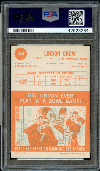 1963 Topps FB Card # 45 Lindon Crow Los Angeles Rams PSA EX-MT 6 (MGD2)