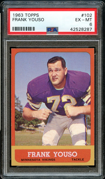 1963 Topps FB Card #102 Frank Youso Minnesota Vikings PSA EX-MT 6 (MGD2)