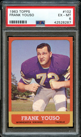 1963 Topps FB Card #102 Frank Youso Minnesota Vikings PSA EX-MT 6 (MGD2)