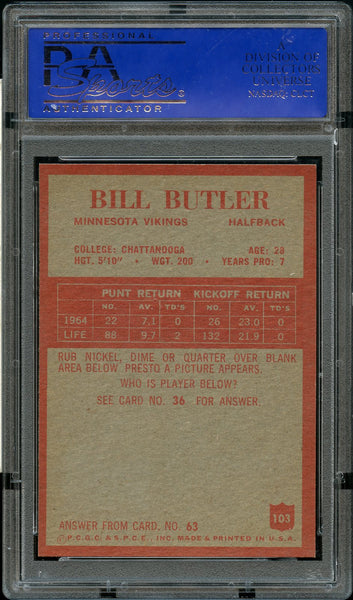 1965 Philadelphia FB Card #103 Bill Butler Minnesota Vikings ROOKIE RC PSA 8 (MGD2)