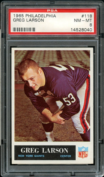 1965 Philadelphia FB Card #118 Greg Larson New York Giants ROOKIE RC PSA NM-MT 8 (MGD2)