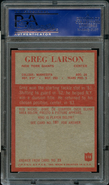 1965 Philadelphia FB Card #118 Greg Larson New York Giants ROOKIE RC PSA NM-MT 8 (MGD2)