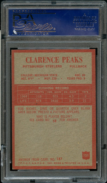 1965 Philadelphia FB Card #151 Clarence Peaks Pittsburgh Steelers PSA NM-MT 8 (MGD2)