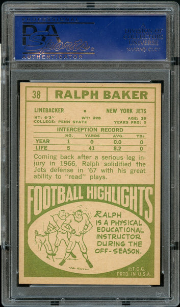 1968 Topps FB Card # 38 Ralph Baker New York Jets PSA NM-MT 8 (MGD2)