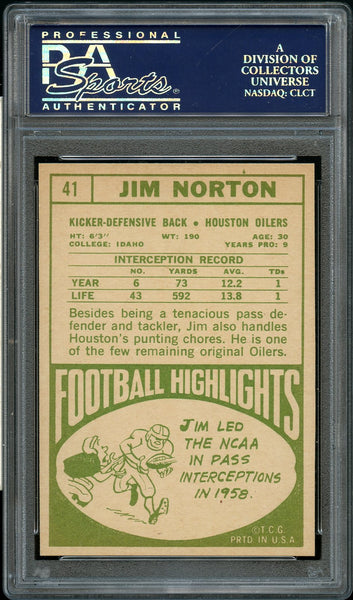 1968 Topps FB Card # 41 Jim Norton Houston Oilers PSA NM-MT 8 (MGD2)