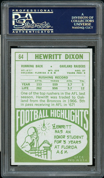 1968 Topps FB Card # 64 Hewritt Dixon Oakland Raiders PSA NM-MT 8 (MGD2)