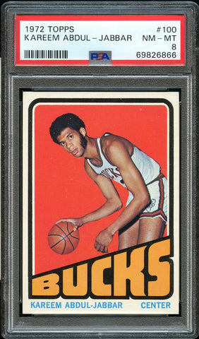 1972 Topps BkB Card #100 Kareem Abdul-Jabbar Milwaukee Bucks HOF PSA 8 NM-MT (MGD2)