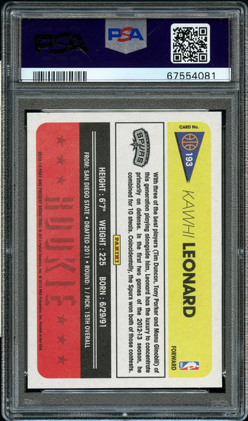 2012 Panini Past & Present BkB Card #193 Kawhi Leonard ROOKIE RC PSA GEM MINT 10 (MGD2)