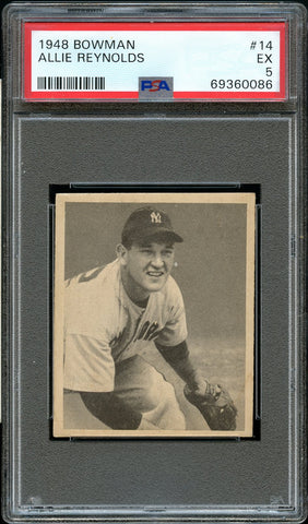 1948 Bowman BB Card # 14 Allie Reynolds New York Yankees ROOKIE RC PSA EX 5 (MGD2)