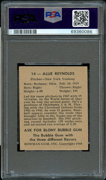 1948 Bowman BB Card # 14 Allie Reynolds New York Yankees ROOKIE RC PSA EX 5 (MGD2)