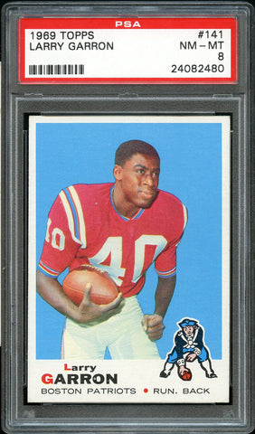 1969 Topps FB Card #141 Larry Garron Boston Patriots PSA NM-MT 8 (MGD2)