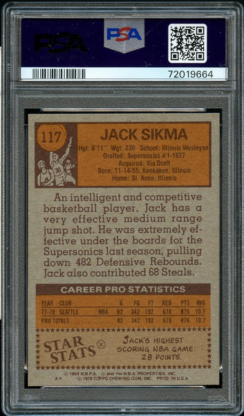 1978 Topps BkB Card #117 Jack Sikma Seattle Supersonics HOF ROOKIE RC PSA NM-MT (MGD2)