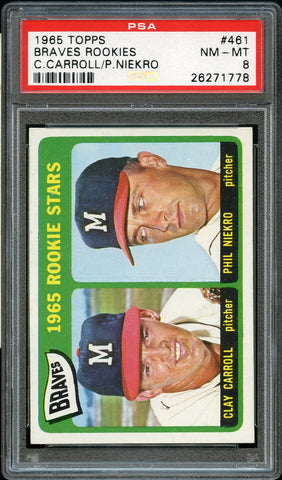 1965 Topps BB Card #461 Clay Carroll & Phil Niekro HOF ROOKIE RC PSA NM-MT 8 (MGD2)