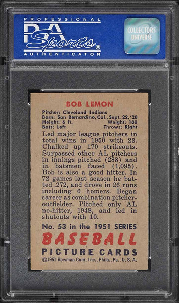 1951 Bowman BB Card # 53 Bob Lemon Cleveland Indians HOF PSA 7 NRMT (MGD2)