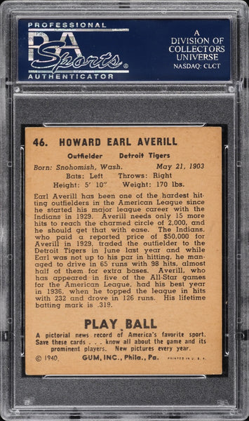 1940 Play Ball BB Card # 46 Earl Averill Detroit Tigers HOF PSA 6 EXMT (MGD2)