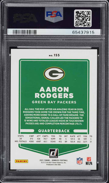 2021 Donruss FB Card #155 Aaron Rodgers Green Bay Packers PSA 9 MINT (MGD2)