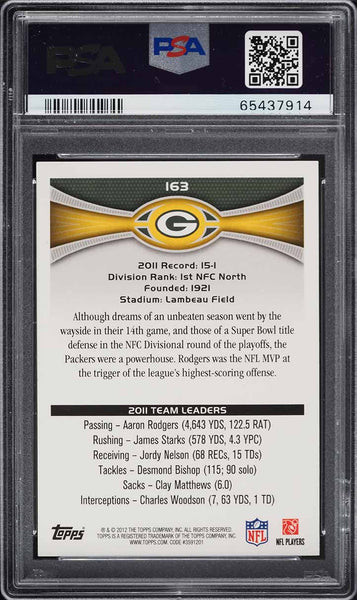 2012 Topps FB Card #163 Green Bay Packers w/ Aaron Rodgers PSA 9 MINT (MGD2)