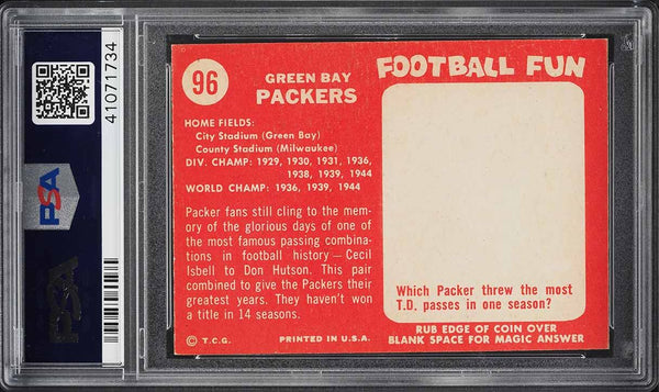 1958 Topps FB Card # 96 Green Bay Packers TEAM CARD PSA 7 NRMT (MGD2)