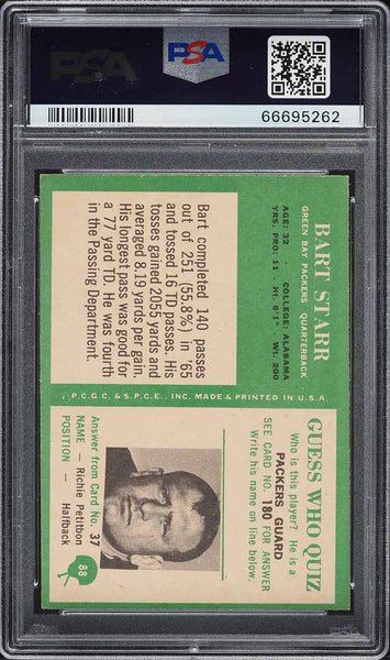 1966 Philadelphia FB Card # 88 Bart Starr Green Bay Packers HOF PSA 8 NM-MT (MGD2)