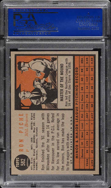 1962 Topps BB Card #582 Ron Piche Milwaukee Braves HOF PSA 8 NM-MT (MGD2)