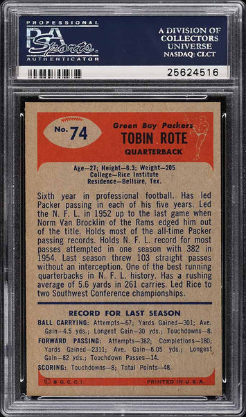 1955 Bowman FB Card # 74 Tobin Rote Green Bay Packers HOF PSA 8 NM-MT (MGD2)