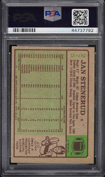 1984 Topps FB Card #275 Jan Stenerud Green Bay Packers HOF PSA 9 MINT (MGD2)