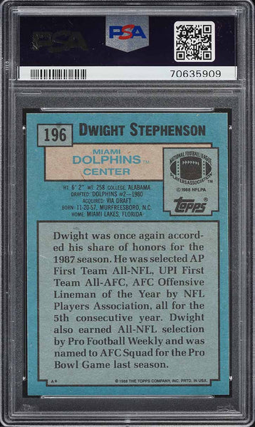 1988 Topps FB Card #196 Dwight Stephenson Miami Dolphins HOF ALL-PRO PSA 9 MINT (MGD2)