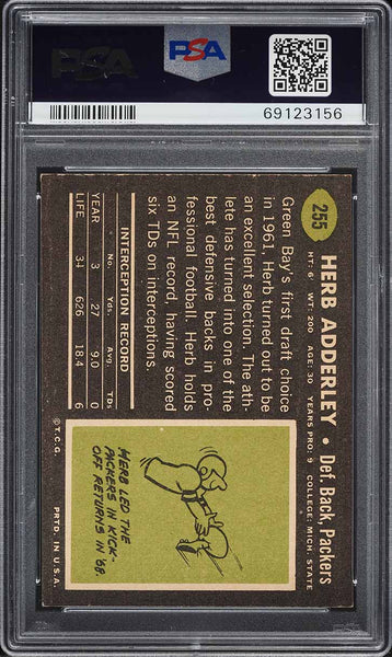 1969 Topps FB Card #255 Herb Adderley Green Bay Packers HOF PSA 7 NRMT (MGD2)