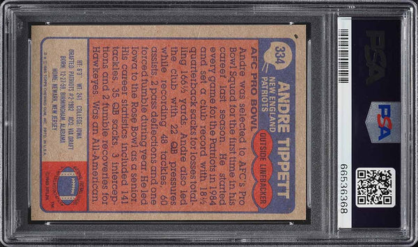 1985 Topps FB Card #334 Andre Tippett New England Patriots HOF PSA 9 MINT (MGD2)