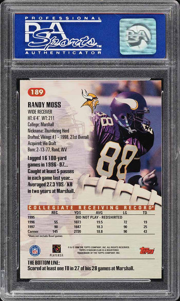 1998 Stadium Club FB Card #189 Randy Moss Vikings ROOKIE RC HOF PSA 10 GEM MINT (MGD2)