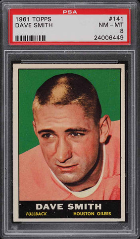 1961 Topps FB Card #141 Dave Smith Houston Oilers ROOKIE RC PSA 8 NM-MT (MGD2)