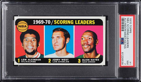 1970 Topps BkB Card # 1 Lew Alcindor Jerry West Elvin Hayes HOF LDRS PSA 7 NRMT (MGD2)