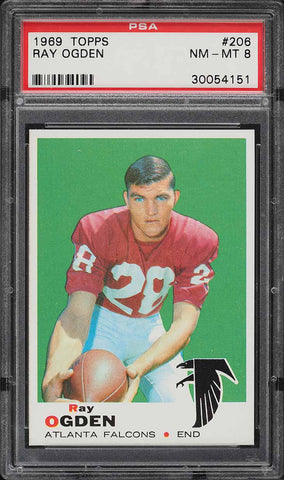 1969 Topps FB Card #206 Ray Ogden Atlanta Falcons ROOKIE RC PSA 8 NM-MT (MGD2)