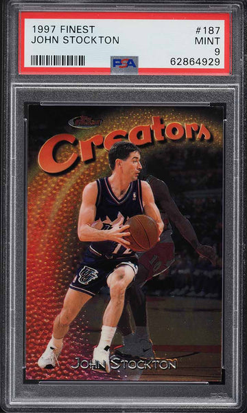 1997 Finest BkB Card #187 John Stockton Utah Jazz HOF PSA 9 MINT (MGD2)