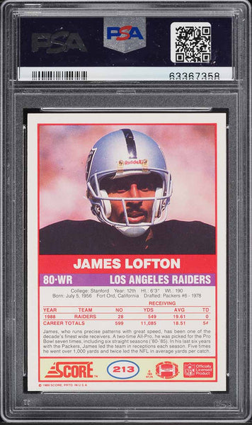 1989 Score FB Card #213 James Lofton Oakland Raiders HOF PSA 10 GEM MINT (MGD2)