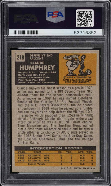 1971 Topps FB Card #218 Claude Humphrey Atlanta Falcons HOF PSA 7 NRMT (MGD2)