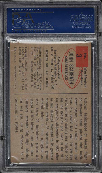 1954 Bowman FB Card # 3 John Scarbath Washington Redskins HOF PSA 8 NM-MT (MGD2)