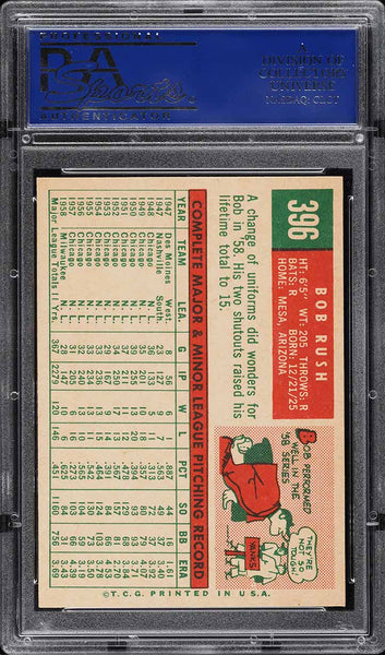 1959 Topps BB Card #396 Bob Rush Milwaukee Braves PSA 8 NM-MT (MGD2)