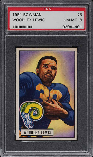 1951 Bowman FB Card # 5 WoodLey Lewis Los Angeles Rams ROOKIE RC PSA 8 NM-MT (MGD2)