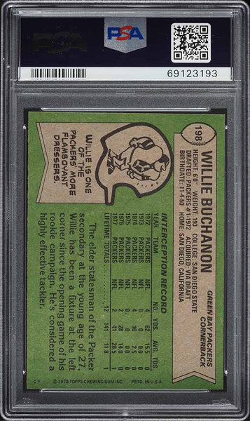 1978 Topps FB Card #198 Willie Buchanon Green Bay Packers HOF PSA 8 NM-MT (MGD2)