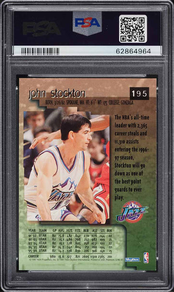 1996 Skybox Premium BkB Card #195 John Stockton Utah Jazz HOF PSA 9 MINT (MGD2)