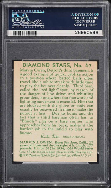 1935 Diamond Stars BB Card # 67 Marvin Owen Detroit Tigers PSA 7 NRMT (MGD2)