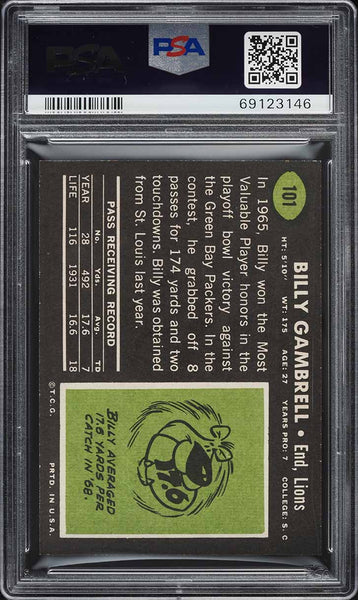 1969 Topps FB Card #101 Billy Gambrell Detroit Lions ROOKIE RC PSA 8 NM-MT (MGD2)