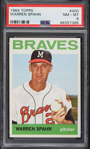 1964 Topps BB Card #400 Warren Spahn Milwaukee Braves HOF PSA 8 NM-MT (MGD2)