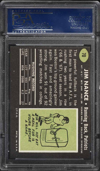 1969 Topps FB Card # 70 Jim Nance Boston Patriots PSA 8 NM-MT (MGD2)