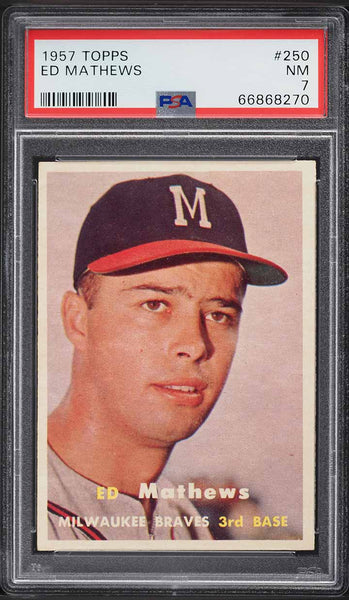 1957 Topps BB Card #250 Eddie Mathews Milwaukee Braves HOF PSA 7 NRMT (MGD2)