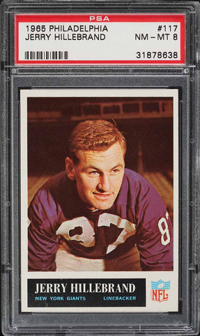 1965 Philadelphia FB Card #117 Jerry Hillebrand New York Giants PSA 8 NM-MT (MGD2)