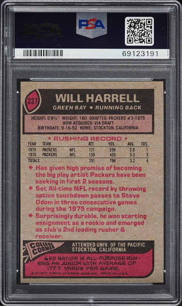 1977 Topps FB Card #237 Will Harrell Green Bay Packers PSA 8 NM-MT (MGD2)