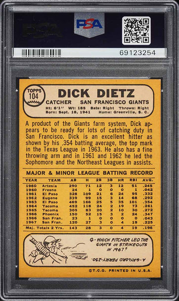 1968 Topps BB Card #104 Dick Dietz San Francisco Giants ALL-STAR ROOKIE RC PSA 8 (MGD2)