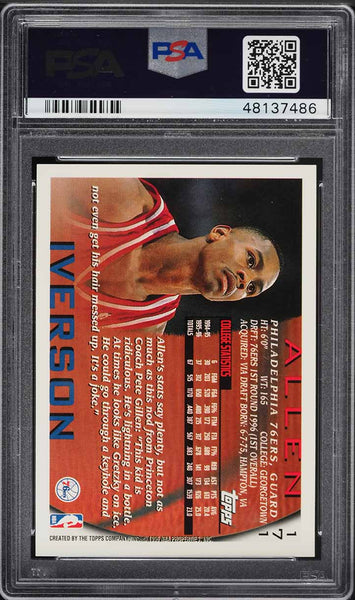 1996 Topps Bkb Card #171 Allen Iverson ROOKIE RC PSA 10 GEM MINT (MGD2)